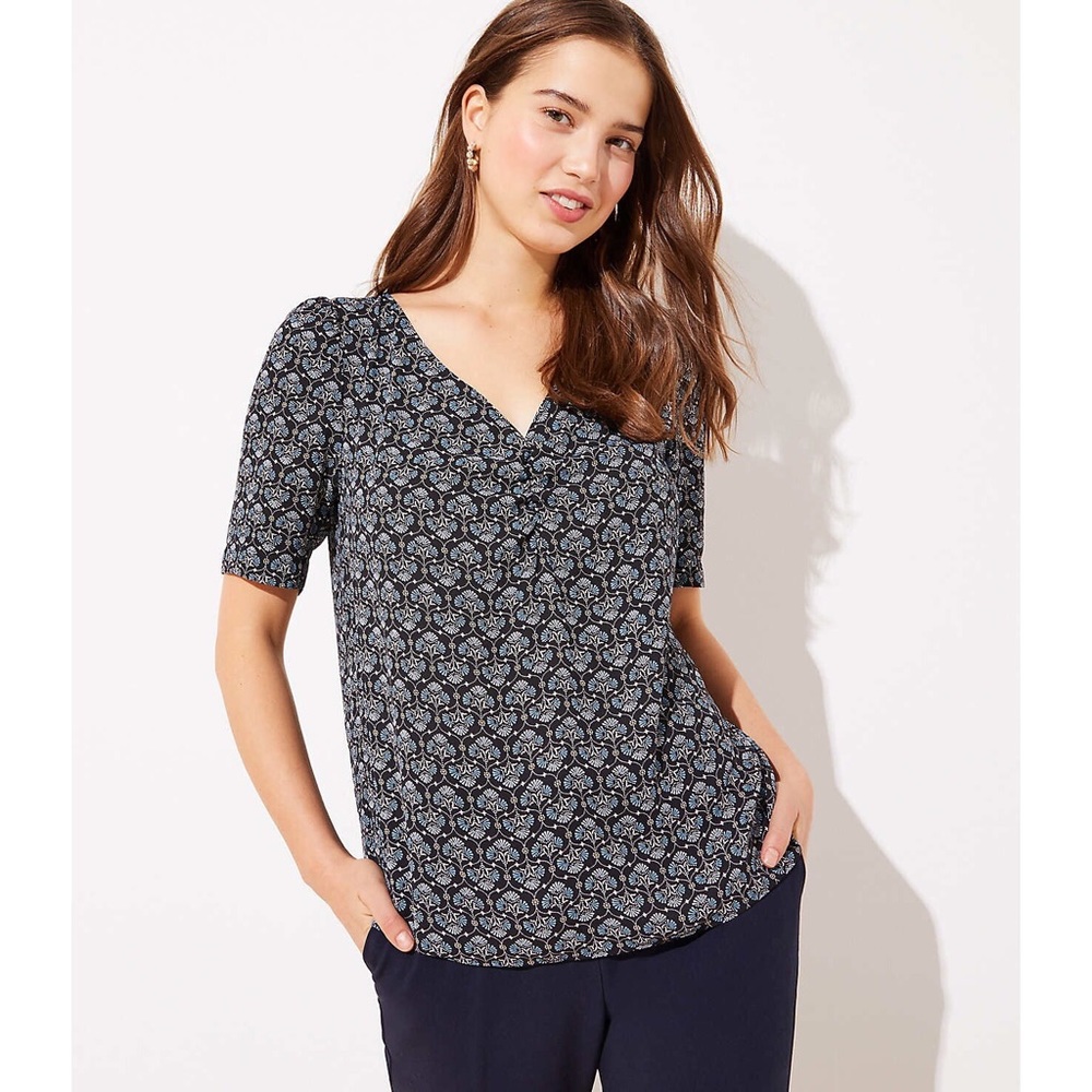 LOFT Dark Blue and White Floral Blouse
